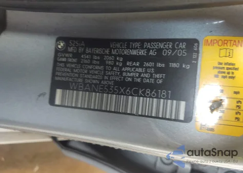 2006 BMW 525I из США, поврежденный, VIN WBANE535X6CK86181